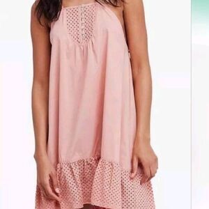 Free People Calico Trapeze Slip Dress sz Large Coral Peach Girl Summer